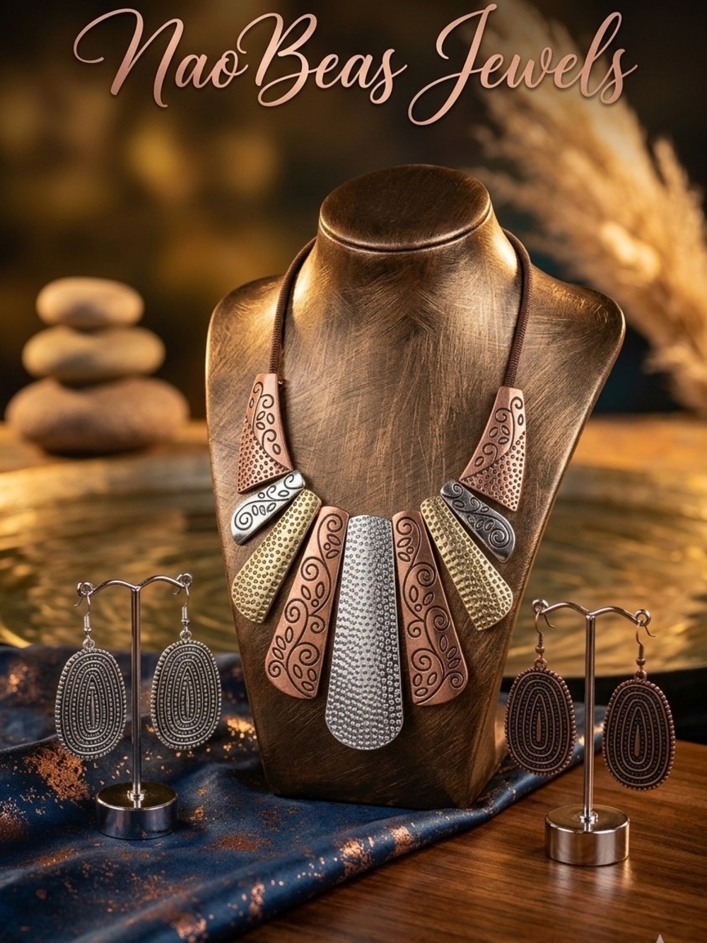 Multicolor Metal Statement Necklace - Copper, Silver & Brass & Earrings
